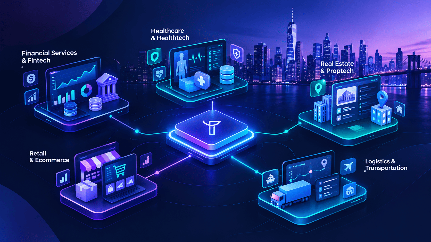 Custom software use cases for New York businesses across fintech, healthcare, real estate, retail, and logistics