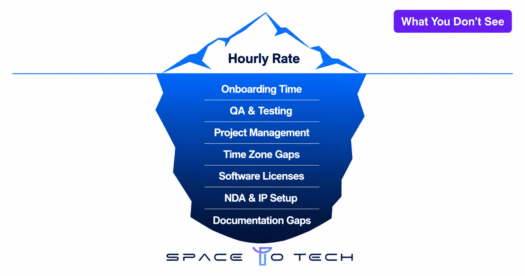 Hidden costs of hiring a software developer in India – iceberg infographic showing costs beyond hourly rate