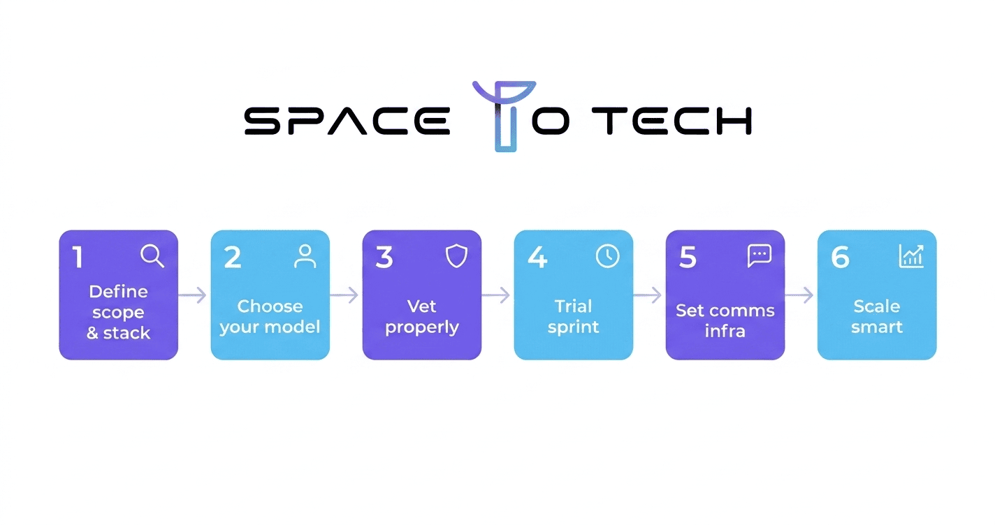 Six-step roadmap to hire software developers from India: define scope, choose engagement model, vet candidates, run a trial sprint, set up communication infrastructure, and scale the team